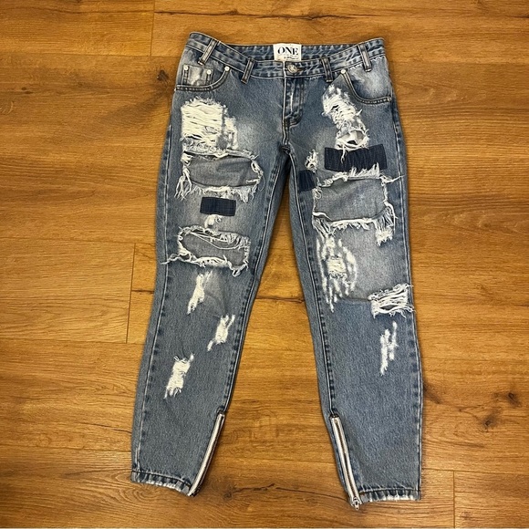 One Teaspoon | Trashed Free Birds denim jeans crop ankle Women size 28 low waist - Picture 2 of 13